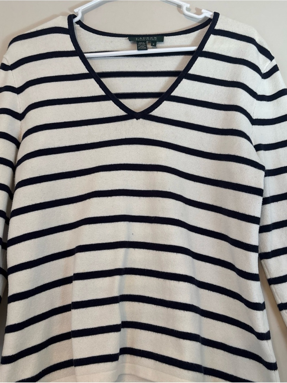 Ralph Lauren Cream and Navy Striped V-Neck Sweater